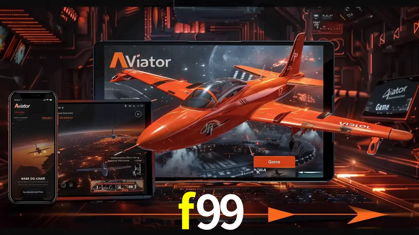 Apresentação tecnológica do jogo Aviator com um avião saindo da tela de um tablet, demonstrando a experiência imersiva em múltiplos dispositivos no f99.