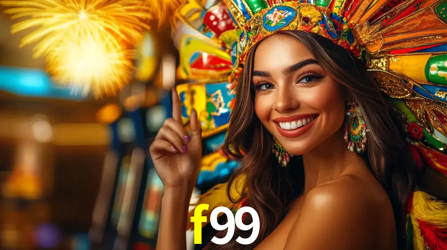 Mulher sorridente com um cocar de carnaval vibrante e colorido, celebrando uma grande vitória nos jogos do cassino f99 com fogos de artifício ao fundo.