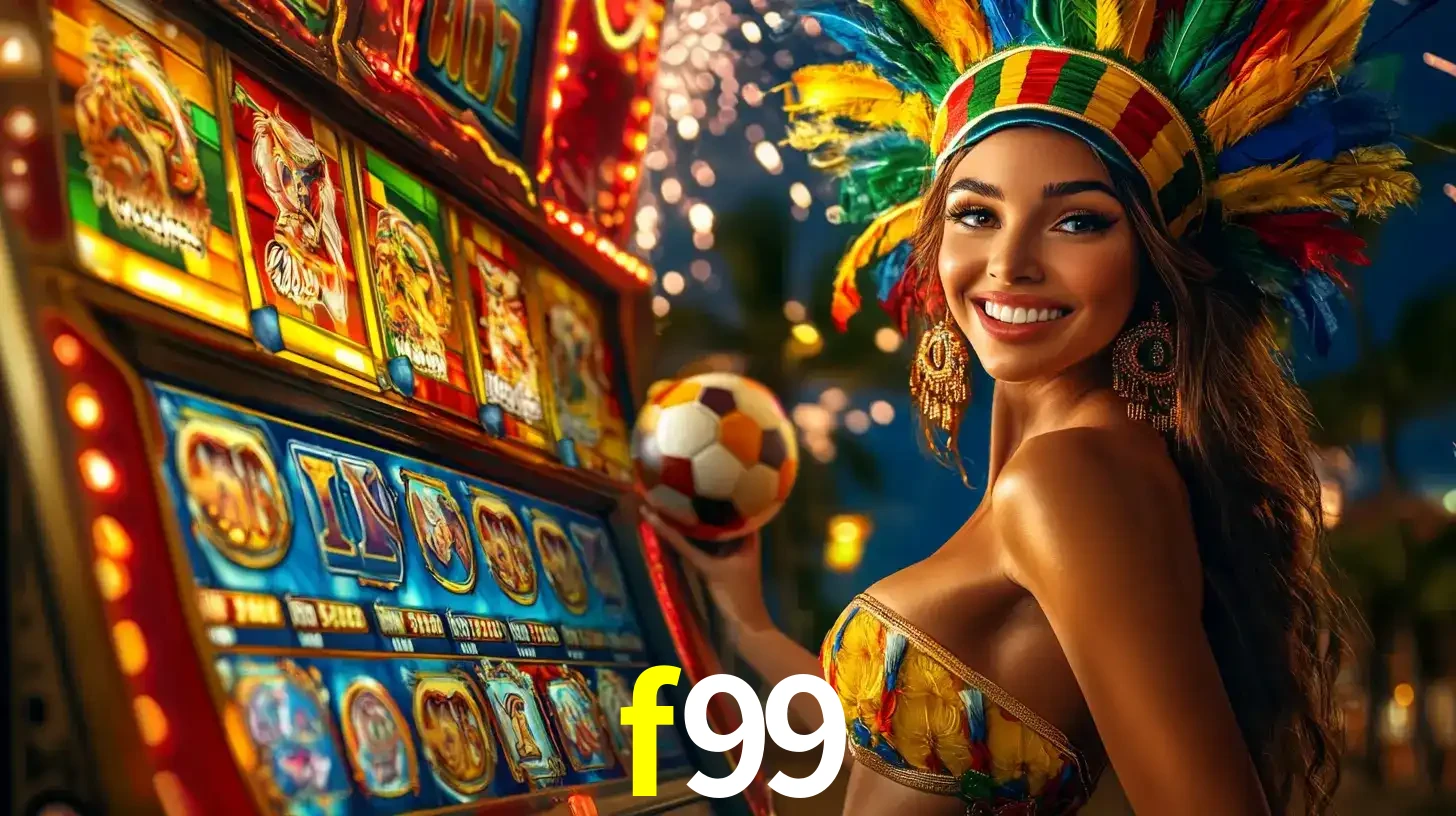 Mulher com um cocar de carnaval ao lado de uma máquina de caça-níqueis enquanto segura uma bola de futebol, mostrando a união da diversão de cassino e esportes no f99.