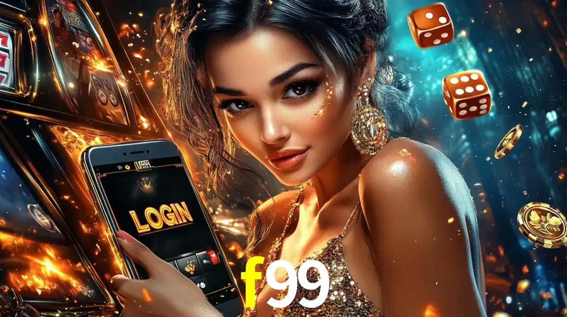 Mulher glamourosa segurando um celular com a tela de login do cassino f99, rodeada por dados e moedas douradas, pronta para começar a diversão.