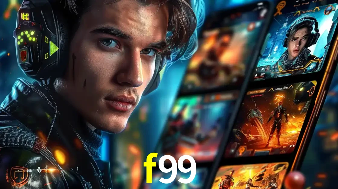 Jovem jogador com fones de ouvido olhando para a câmera, com um aplicativo de jogos e e-sports para celular ao fundo, pronto para a competição e apostas no f99.