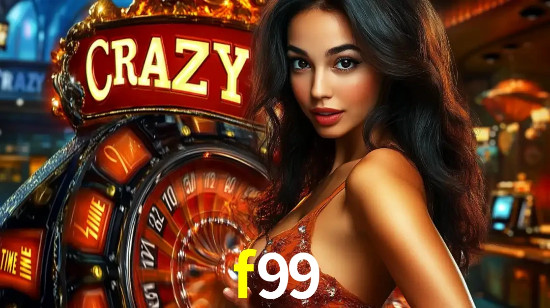 Mulher glamourosa olhando para a câmera com a roda vermelha do Crazy Time ao fundo em um ambiente de cassino, destacando a emoção dos jogos ao vivo no f99.