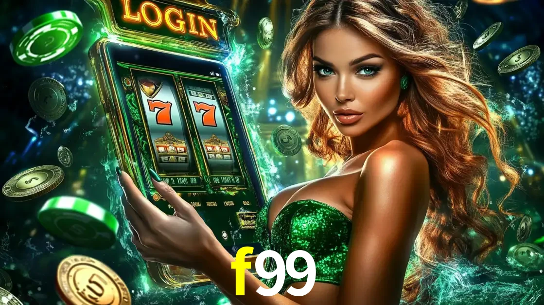 Mulher com tema verde apresentando o aplicativo do cassino f99 com um jogo de slot de 777, cercada por fichas de cassino e uma aura de sorte.