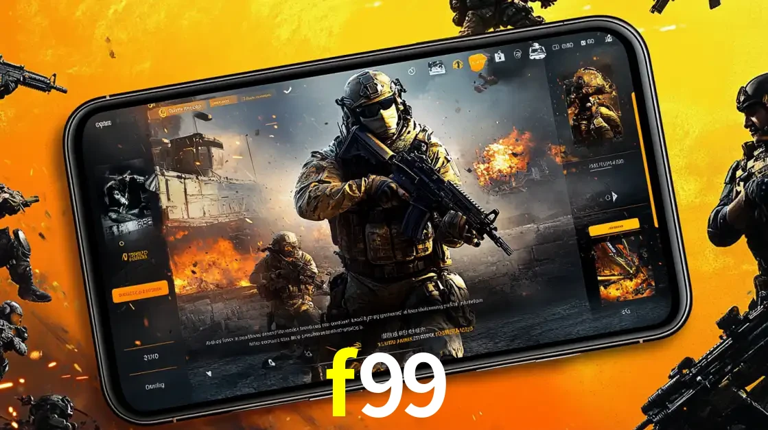 Um smartphone exibindo a interface de um jogo de tiro em primeira pessoa, com um soldado em um cenário de batalha, representando a ação dos e-sports para apostar no f99.