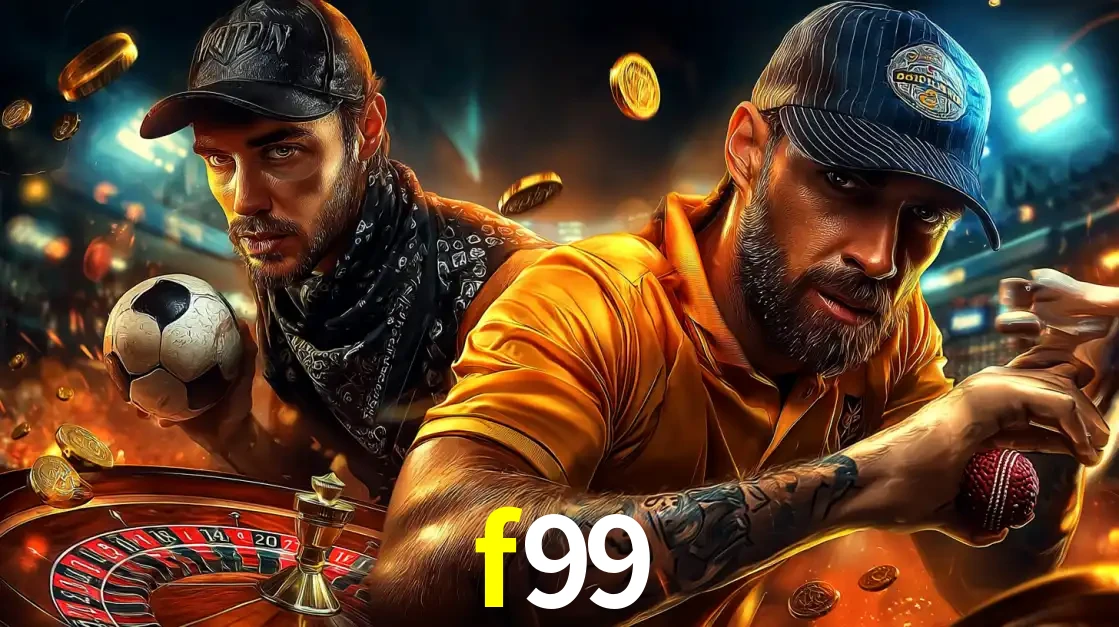 Montagem de apostas esportivas e cassino no f99, com um homem segurando uma bola de futebol e outro uma de beisebol sobre uma roleta e moedas voadoras.