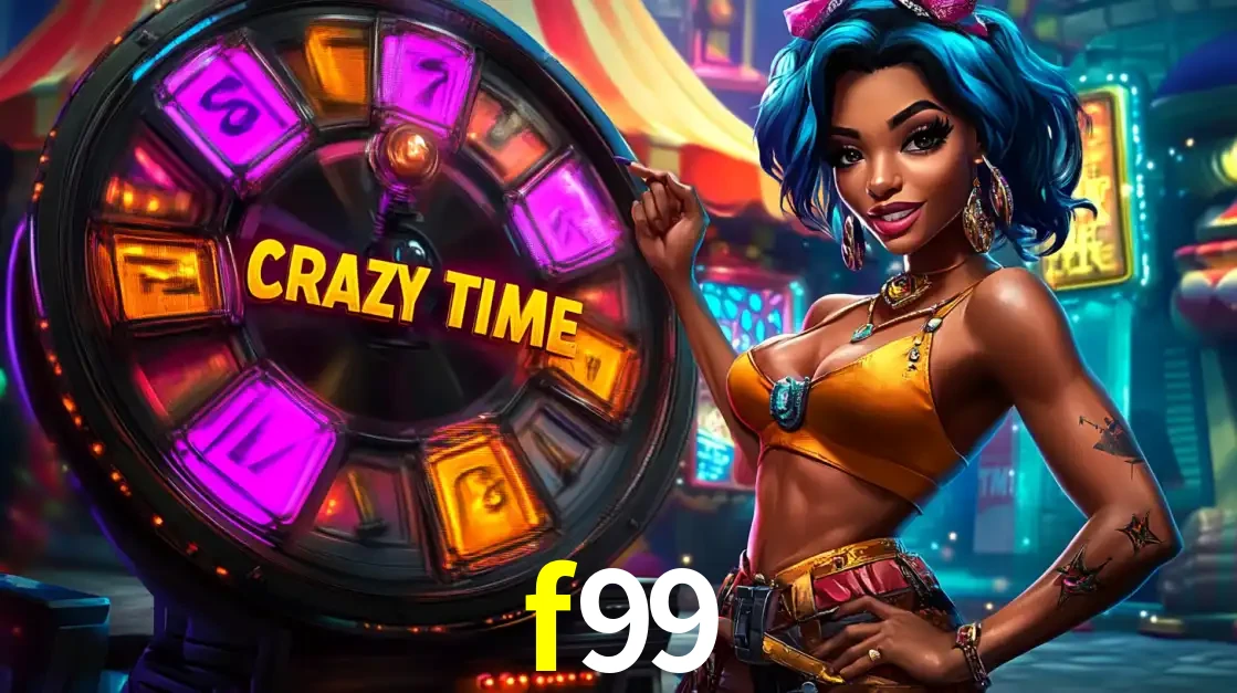 Mulher estilizada com cabelo azul e visual vibrante posando ao lado da roda de prêmios do game show Crazy Time, convidando para a diversão e os bônus do cassino f99.