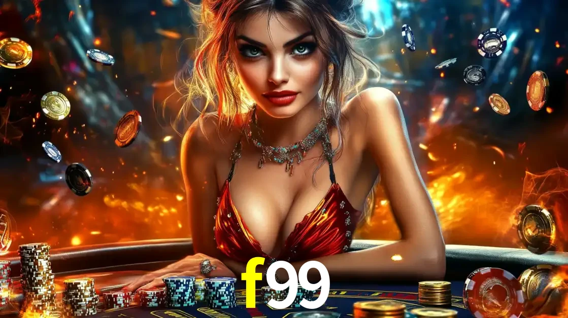 Mulher em uma mesa de cassino com pilhas de fichas e um fundo de fogo, pronta para uma rodada de altas apostas nos jogos de mesa emocionantes do cassino f99.