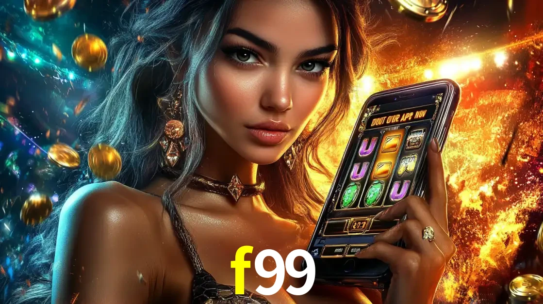 Mulher elegante mostrando um jogo de caça-níqueis em seu smartphone, destacando a experiência de cassino móvel oferecida pelo aplicativo f99.