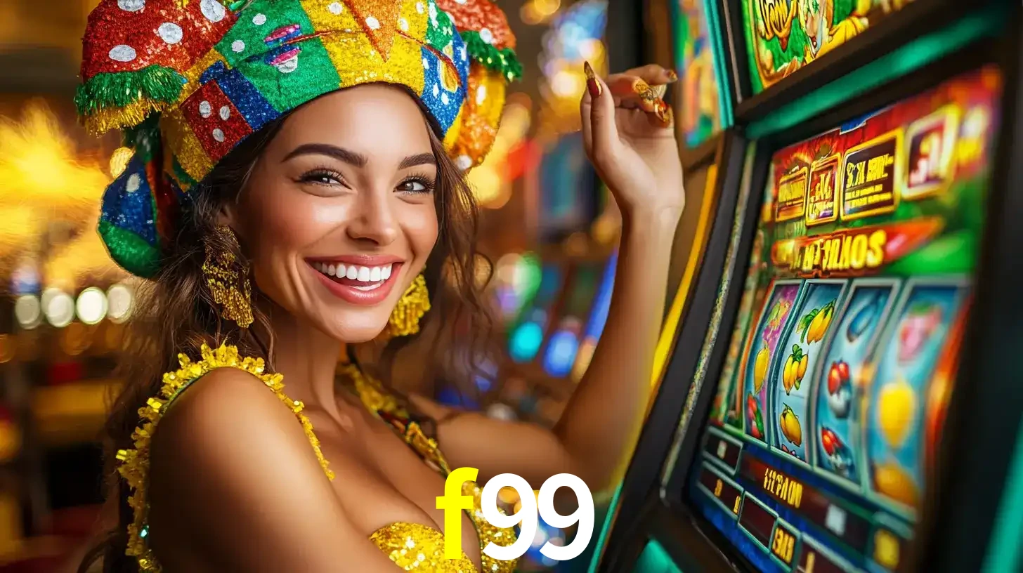 Mulher feliz com traje de carnaval amarelo e colorido ao lado de uma máquina de caça-níqueis, aproveitando a diversão e os jogos temáticos do cassino f99.
