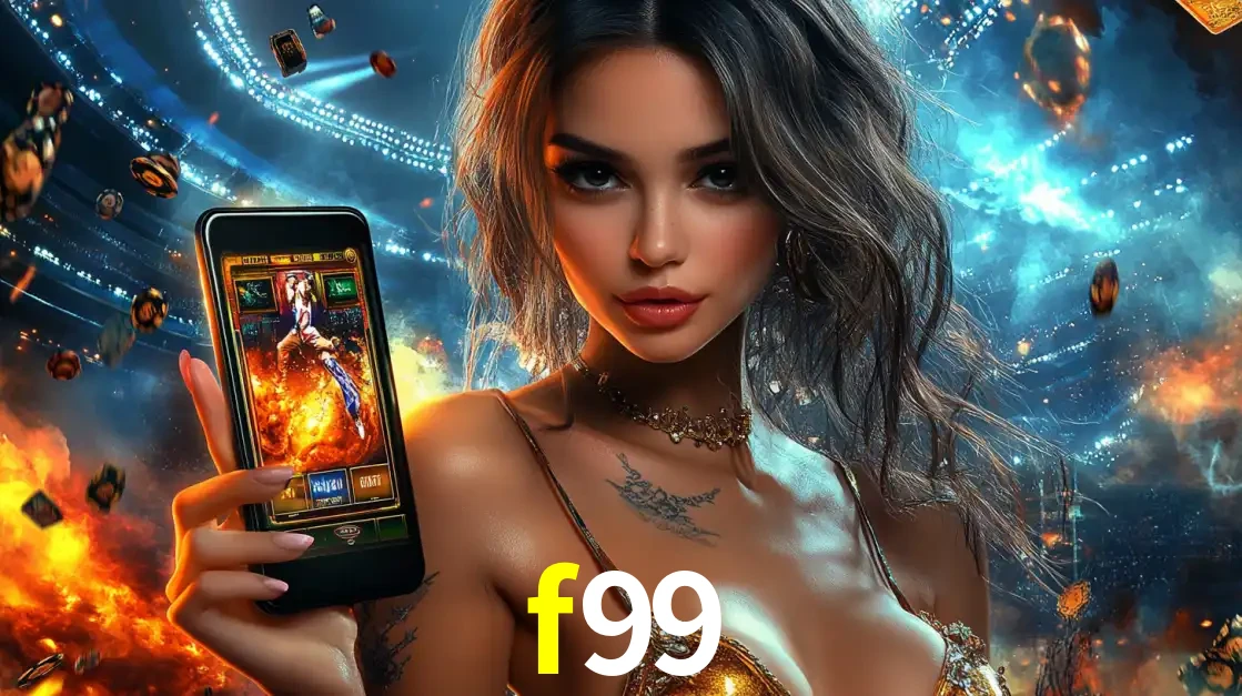 Mulher segurando um celular com um jogo de slot em destaque, tendo como fundo um estádio vibrante, simbolizando a emoção de jogar no cassino móvel f99.
